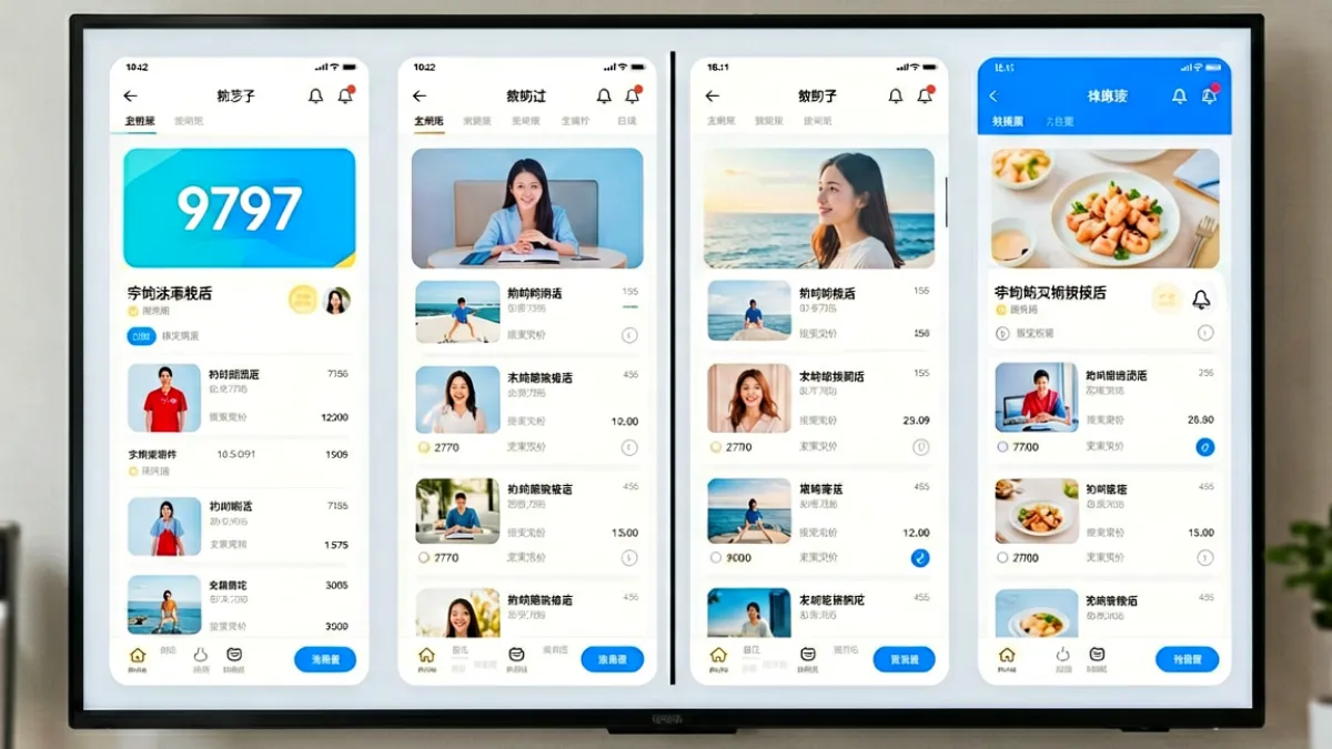 9797与多个同类平台并排展示的对比示意图，突出各平台界面风格与功能差异