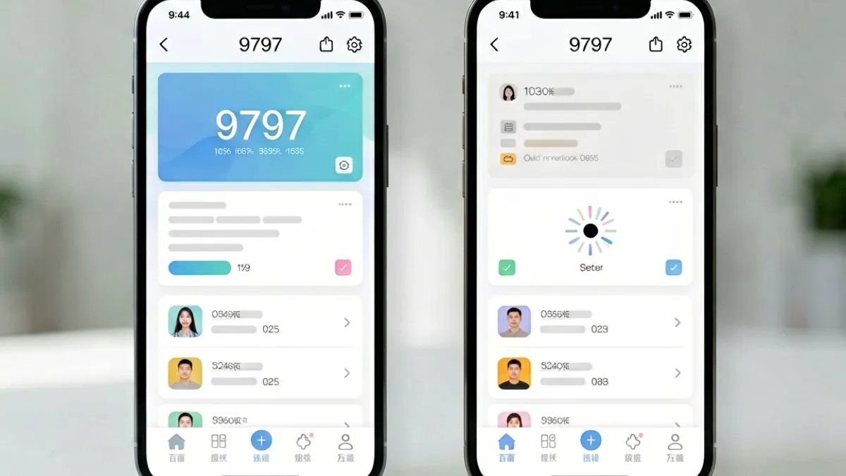 展示9797移动端界面与其他平台移动端页面并排对比的截图示意，重点标注加载速度与布局差异