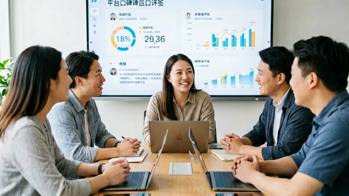 9797 社群热议现场，多位用户围坐讨论，屏幕上显示评分与口碑数据