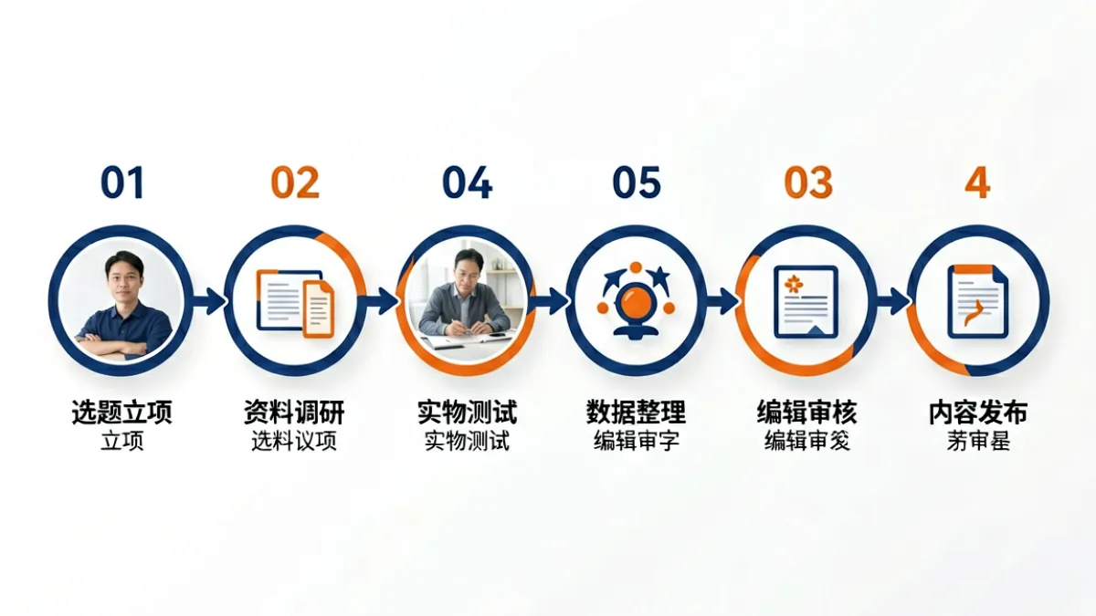 9797 内容筛选流程示意图，展示从选题立项到实测验证再到发布审核的完整内容生产链路