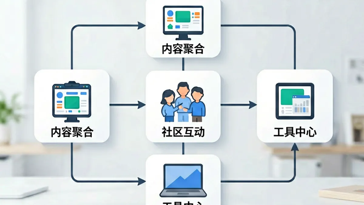 9797平台功能模块示意图，展示内容聚合、社区互动与工具中心三大板块的关系结构